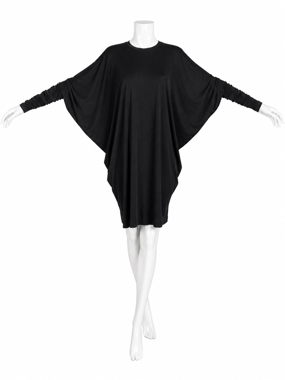 Norma Kamali OMO Dress Black Dolman Scrunchy Batwing Sleeve Vintage 80s Size M